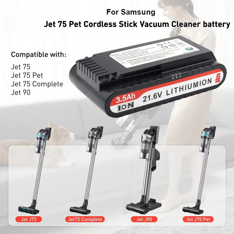 21.6V 3500mAh Replacement Battery VCA-SBT90/XAA for Samsung Cordless Stick Vacuum Cleaner Jet 75 Jet 90 Jet75 Pet Jet75 Complete