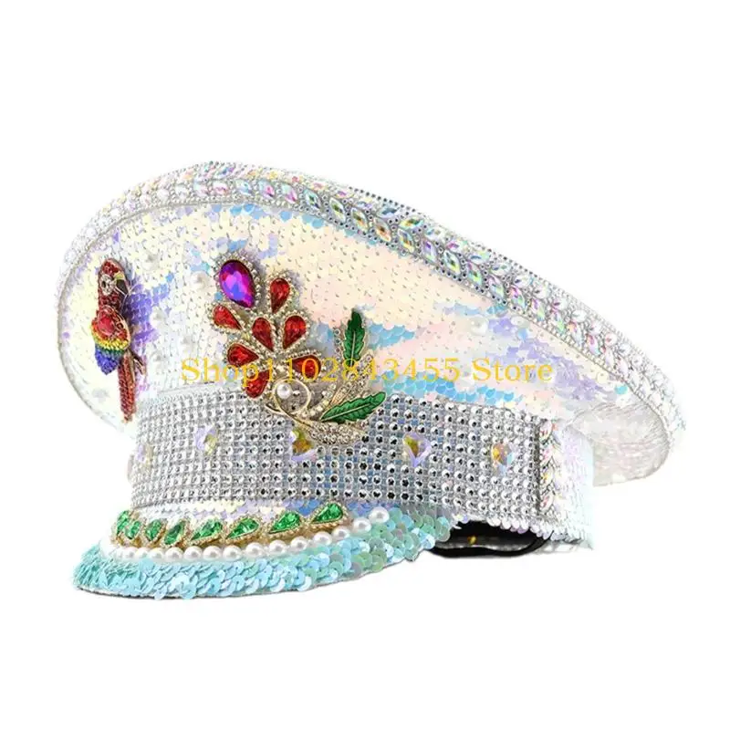 49MC Fashion Marine Hat with Rhinestones Bridal Shower Hat Bachelorettes Party Hat Night Club Captain Hat Festival Headwear