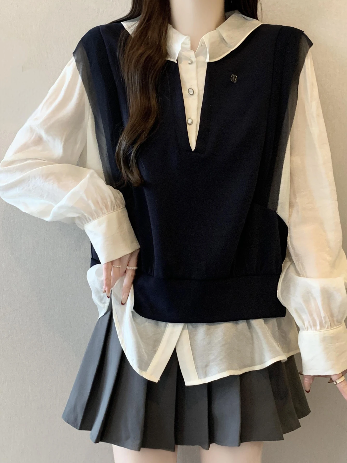 

Женская блузка с эффектом похудения, корейский стиль, длинный рукав, скрывающая живот, модный топ для повседневной носки, свободный крой, дизайн с цветовыми блоками