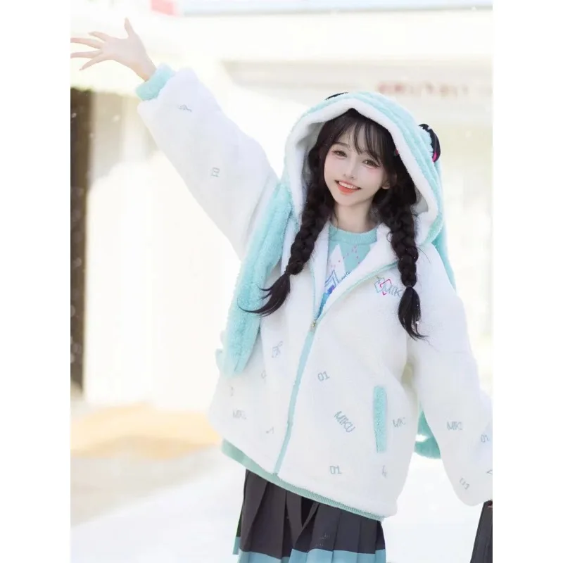 Mantel Cosplay musim gugur 2024 musim dingin jaket telinga panjang Y2k Jepang dengan Hoodie bulu putih wanita Harajuku hangat lucu Hoodie manis