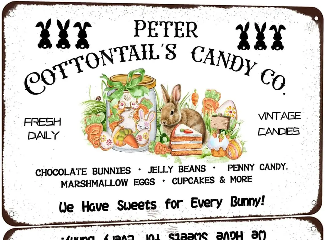 Cottontail‘s Candy Co - Letrero de metal retro vintage de Pascua para decoración de pared de casa, cafetería, bar, granja, fiesta - Aluminio
