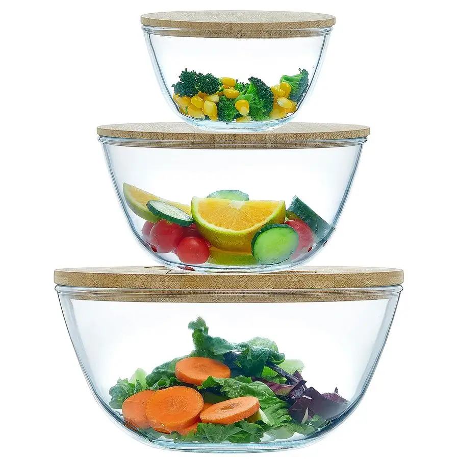 

Salad Bowls with Bamboo Lids amp Utensils Set of 3, Large Capacity Serving Bowl Glass Mixing Bowls, 3pc Nesting Containers with