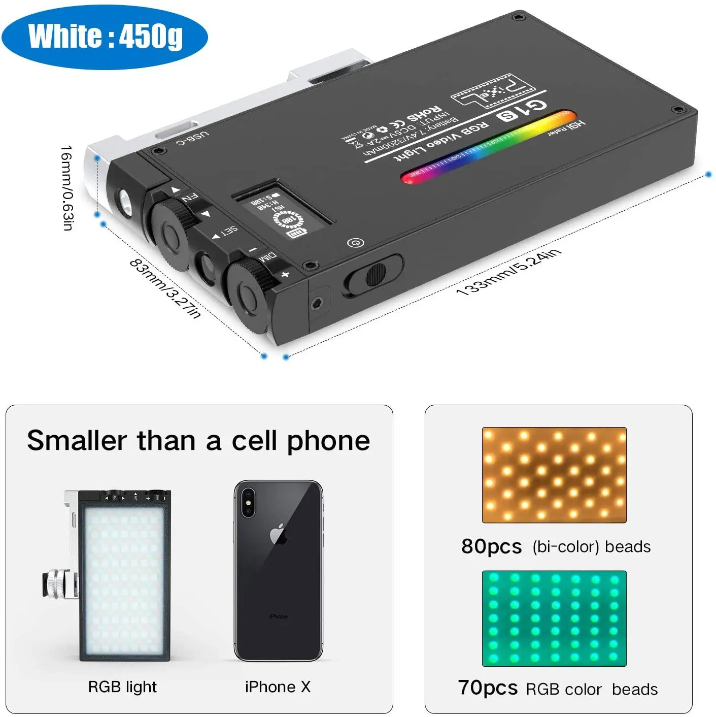 Pixel G1S RGB LED Video Fill Light Full Color 2500K-8500K Built-in Lithium Battery for Camera Smartphone Professional Lamp