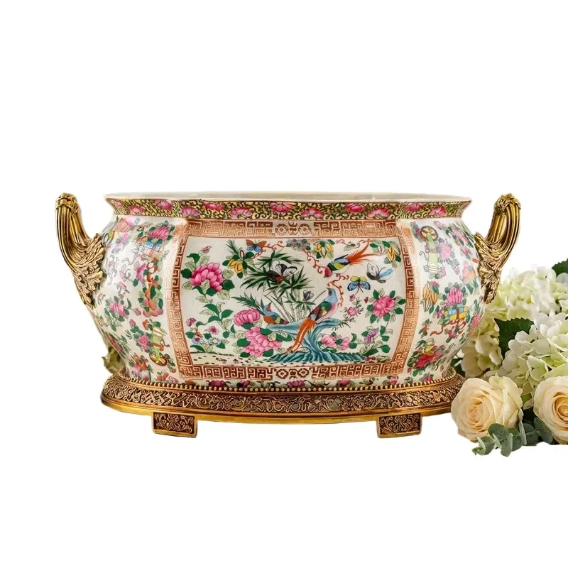 Luxury Vintage Ceramic Oval Vase with Brass Base Large Porcelain Flower Arrangement Wine Jug Antique Home Decor Decoration