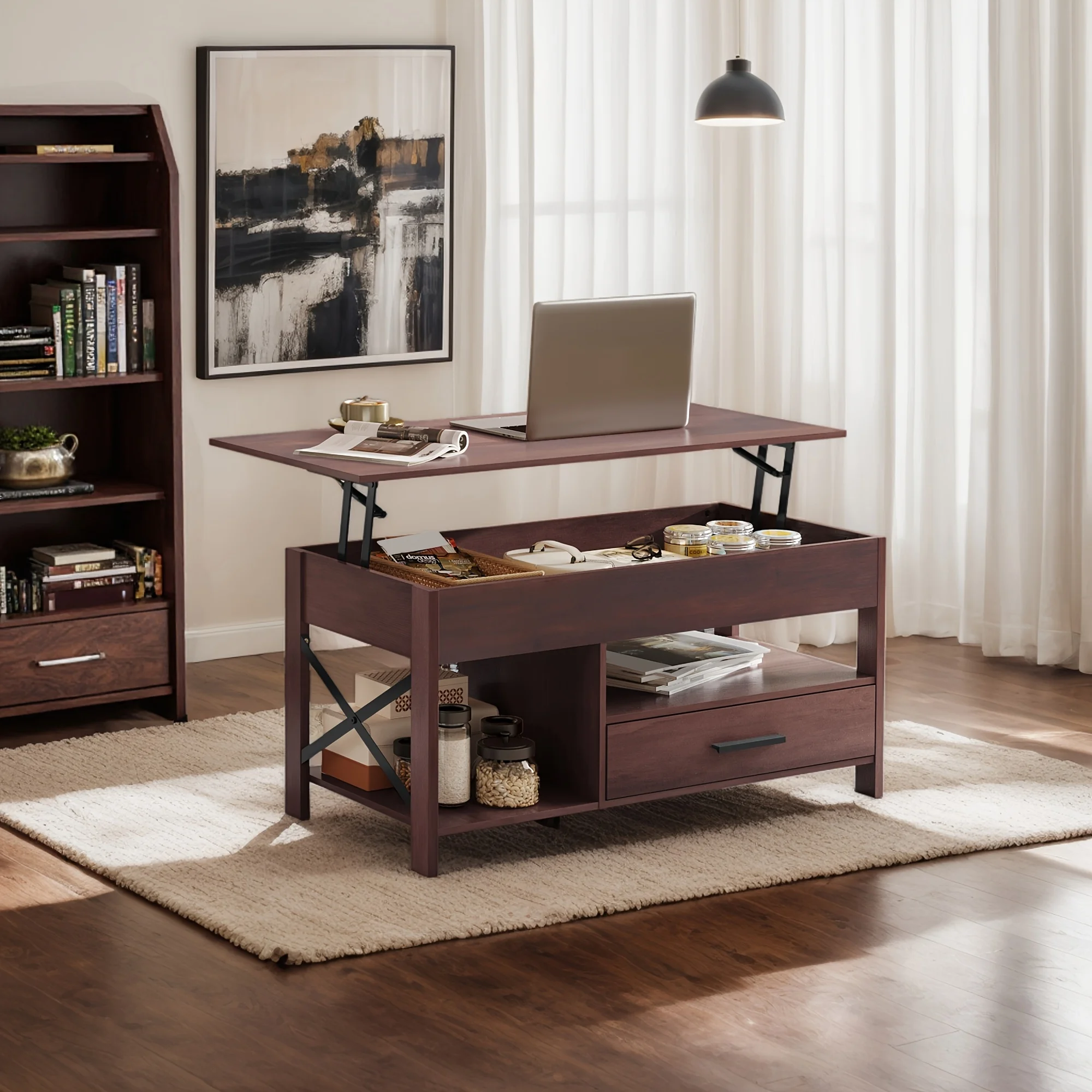 Adjustable Lift Top Coffee Table with Storage Drawers & Hidden Compartment - Modern Lift-Top Mechanism, Lift-Top Table Suitable