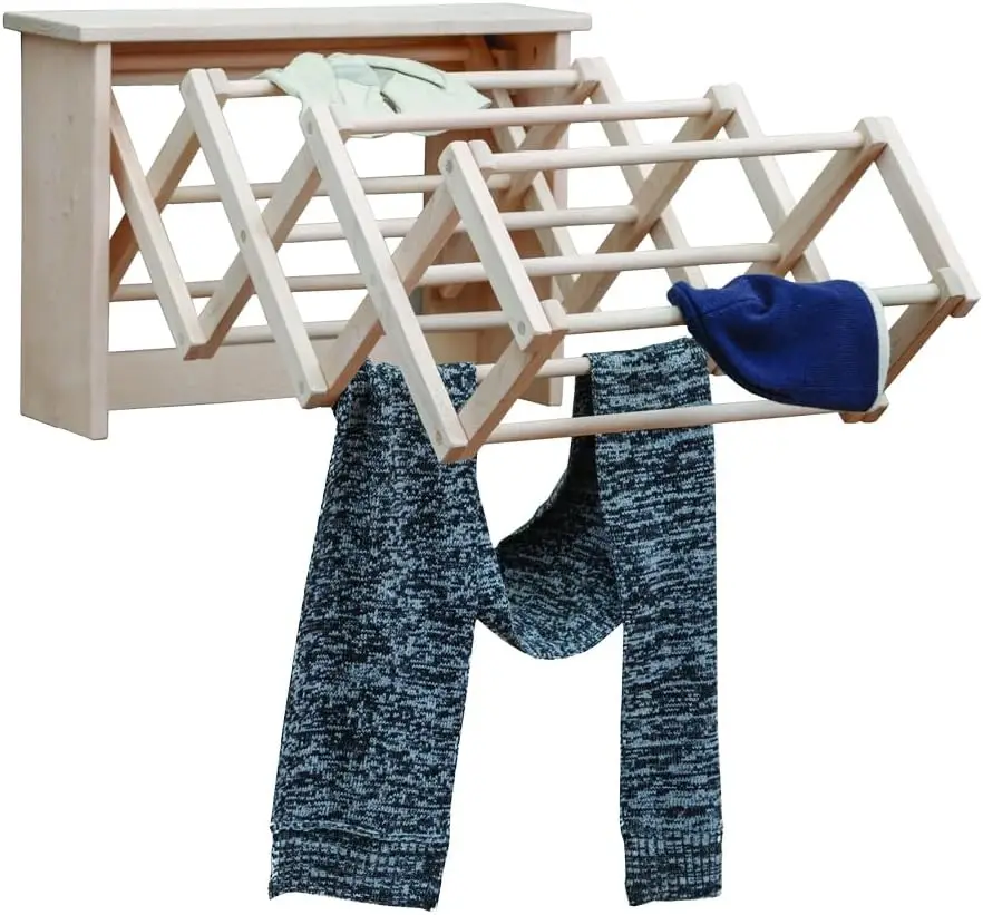 

Large Wall Clothes Drying Rack ~ Heavy Duty Solid Maple Hardwood, Folding, Collapses to 25" x 20" x 8", Hand Built in USA