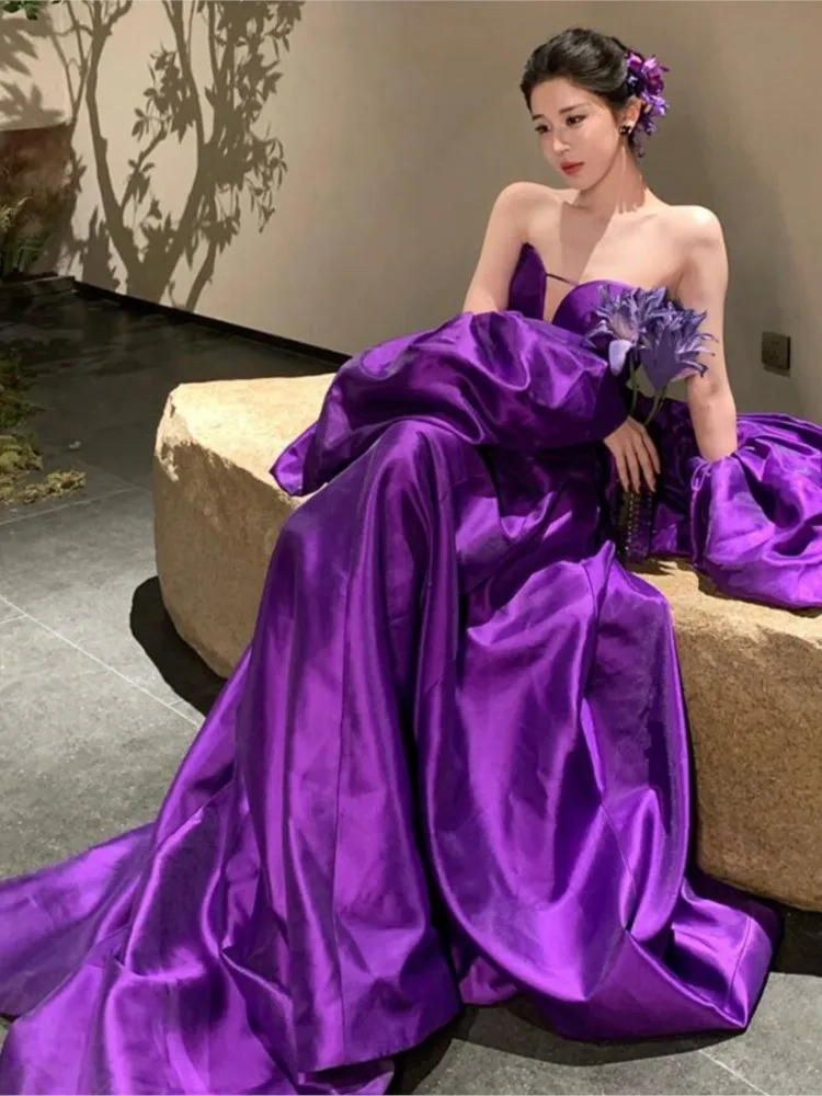 Purple toasting with a small tail design strapless dress for banquet refined air It's performance host