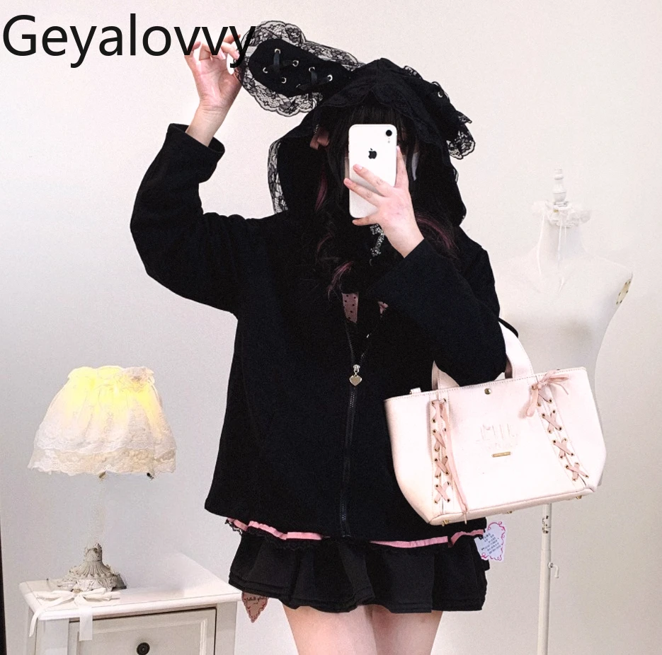 Zipper Coat Lace Ears Hooded Sweatshirt Fashion Casual Hoodies Japanese Style Spring and Autumn Women's Coats 2025 New
