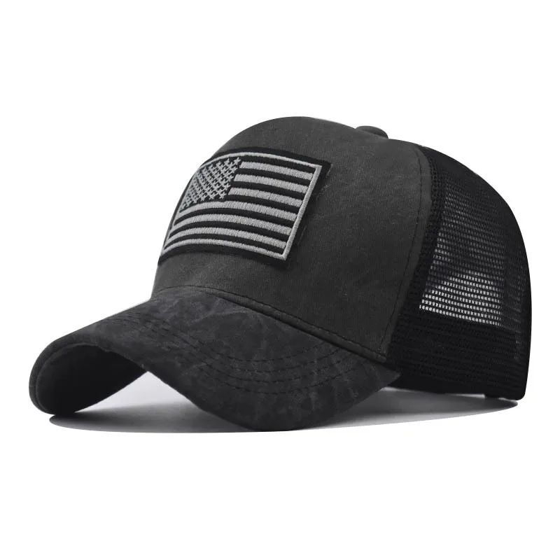 

Cross Border New National Flag Embroidered Washed And Used Trucker Hat Classic Breathable Mesh Cap Independence Day Baseball Cap