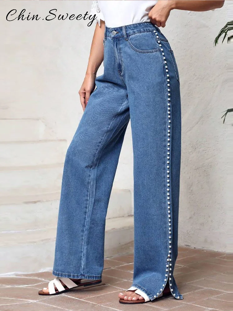 

Fashion Beading Side Split Long Denim Pants Women Solid Pockets High Waist Straight Trousers 2025 Spring Summer Lady Streetwears