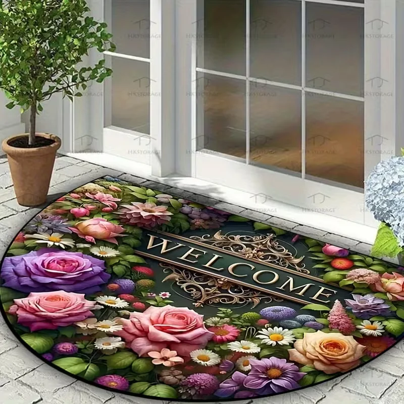 Carnation Half Round Welcome Carpet Daisy Rose Printed Carpet Living Room Bedroom Kitchen Entrance Decoration Carpet