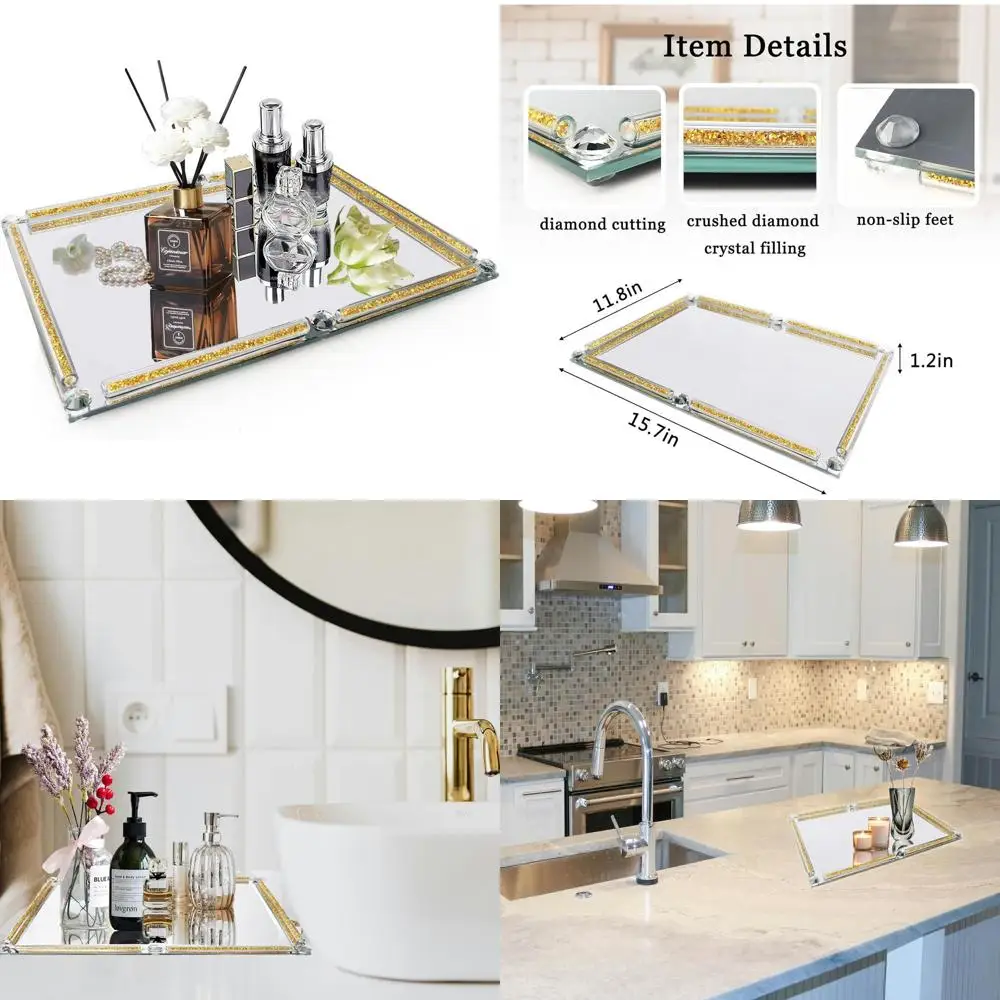 

Элегантный золотой и стеклянный поднос для духов, 15,7 x 11,8, зеркало с измельченными бриллиантами, роскошный органайзер для ювелирных изделий и косметики для домашнего декора или па