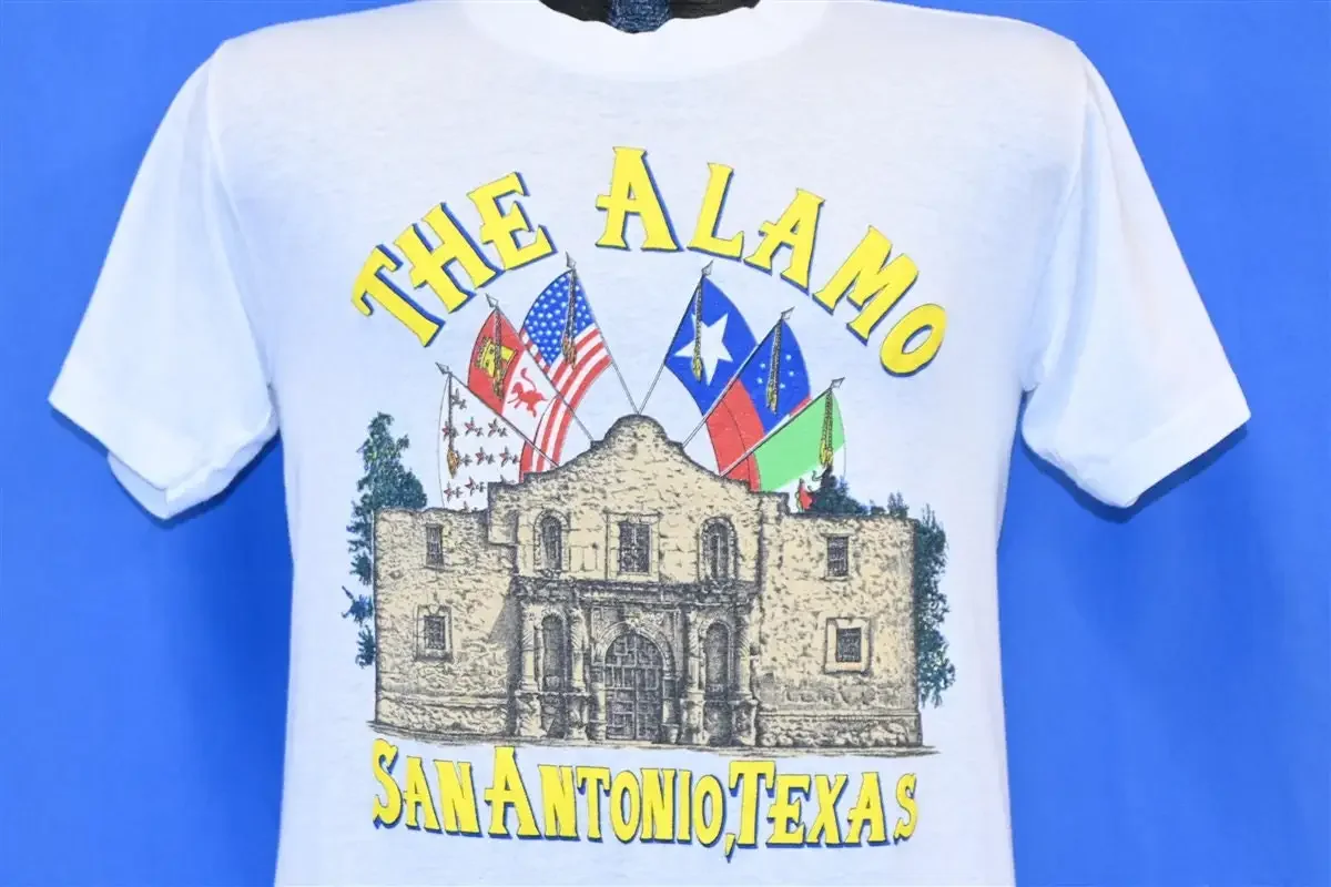 Camiseta Souvenir da Fortaleza Histórica do Alamo de San Antonio, Texas, dos anos 80, tamanho pequeno