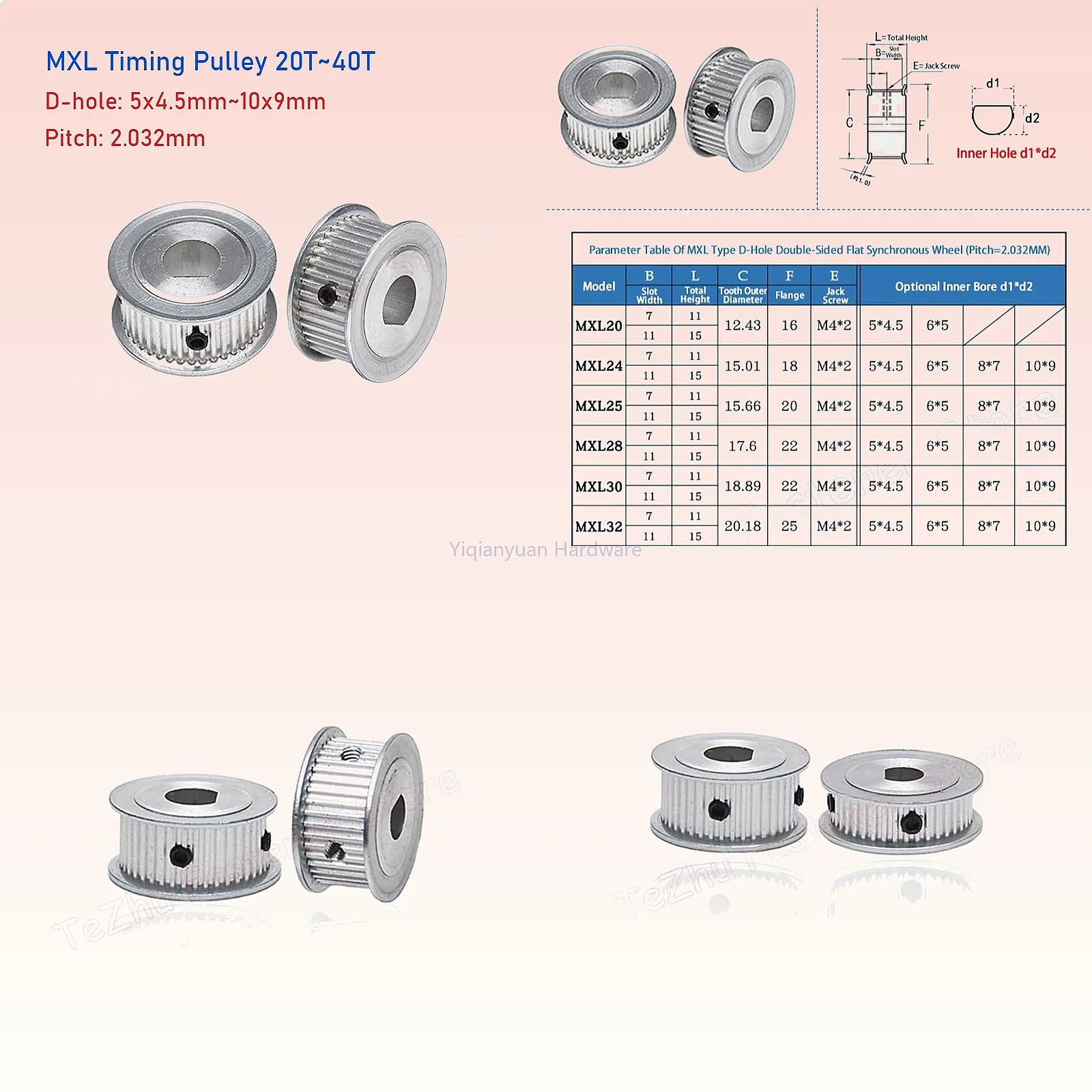 Yiqianyuan 1Piece MXL Timing Pulley 20T-40T D Hole 5x4.5/6x5/8x7/10x9mm Pitch 2.032mm for 3D Printer CNC