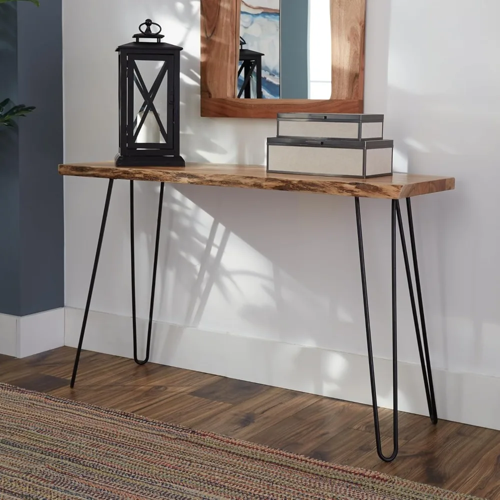 Hairpin Natural Wood Media Console Table with Metal Legs, Live Edge Design, Versatile Use as Entryway, Sofa Table