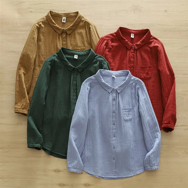 

Autumn New Sle Double Layered Loose Long Sve Turn-down Collar Women's irt Cotton 00% Pure Color Casual Busin