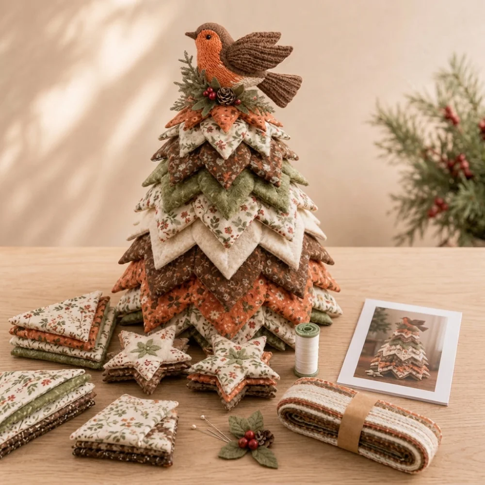 Vintage Quilted Bird Christmas Tree Kit Layered Shape Hand-Stitch Hand Sewing Bird Craft Kit 3D Bird Topper Soft Cloth
