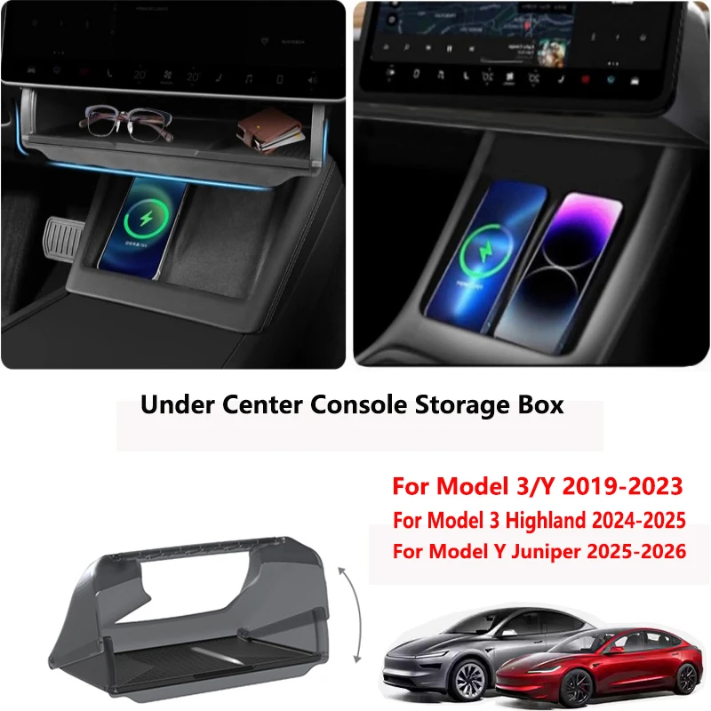 Center Console Screen Under Storage Box For Tesla Model 3/Y Juniper 2019-2026 Center Hidden Storage Organizer Tray Accessories