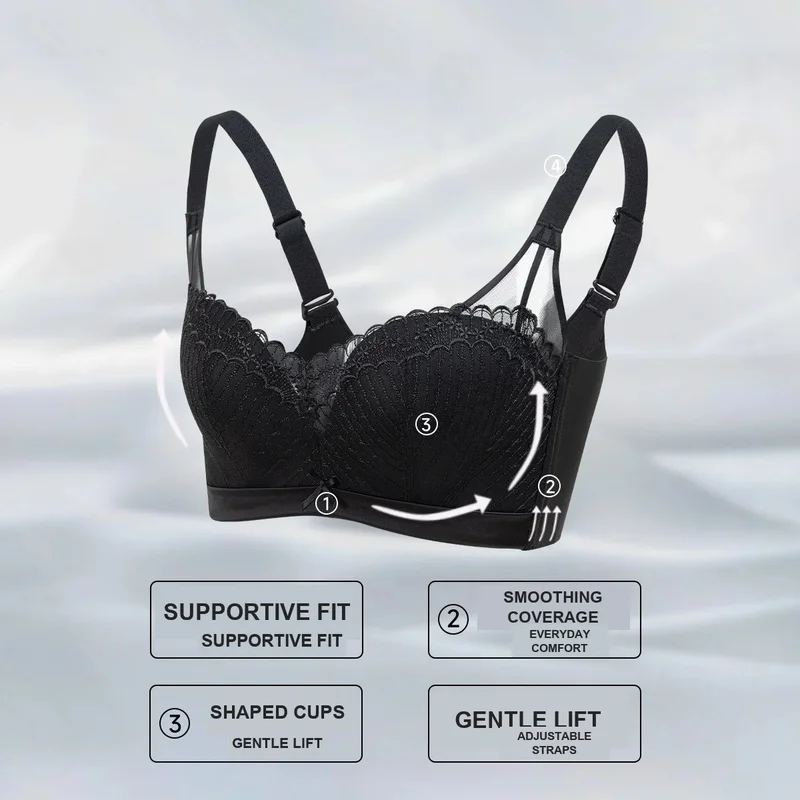 Women's Wireless Lace Push Up Lift Support Side Support Back Smoothing Shaping Bra Comfortable Everyday Lingerie Black
