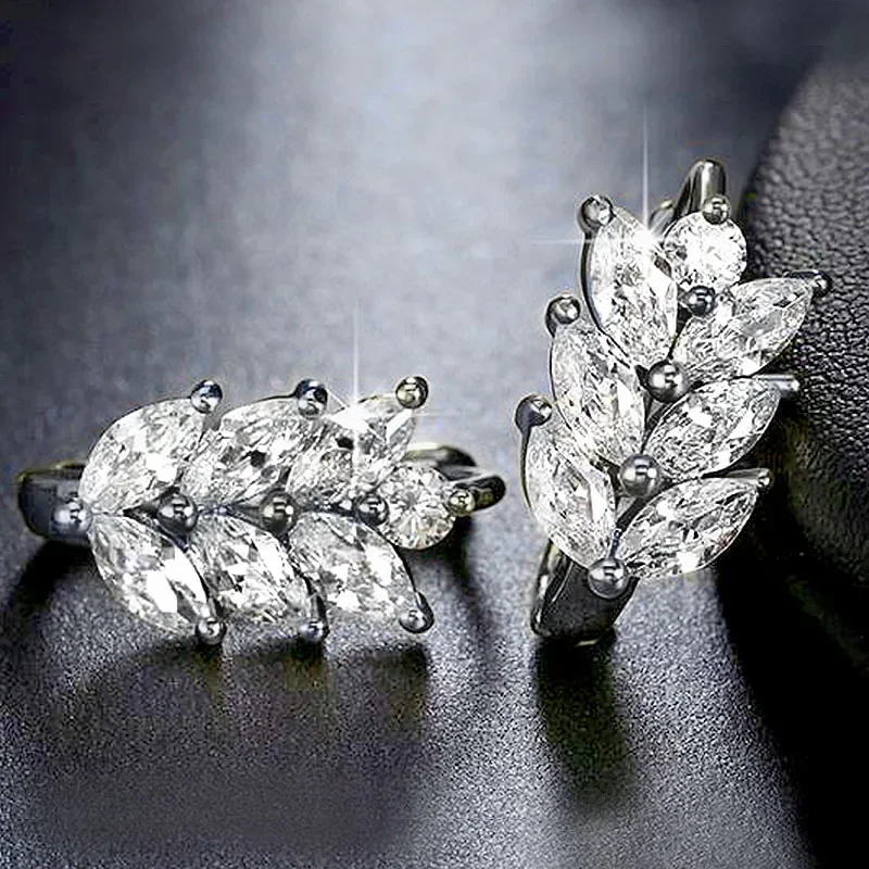 Huitan Leaf Shape Hoop Earrings Women with Marquise White Cubic Zirconia Fashion Contracted Small Circle Trendy Jewelry
