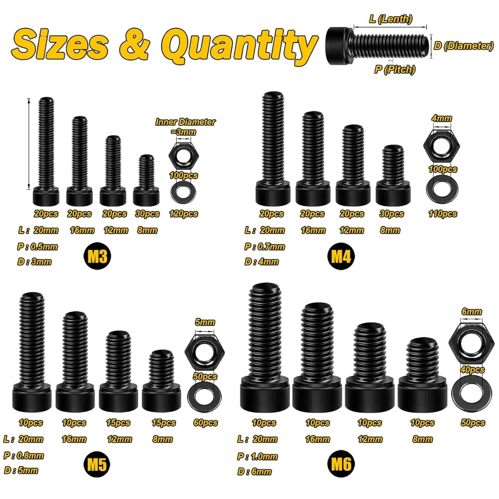 900pcs M3 M4 M5 M6 Carbon Steel Black Cup Head Hexagon Socket Screw Set  DIN 912 12.9 Grade Screws Nut Bolt Combination Kit