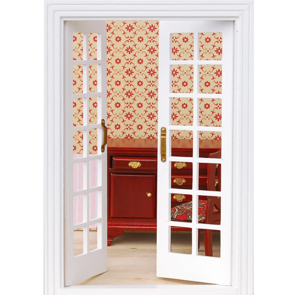 MagiDeal 1Set 1/12 Puppenhaus Miniatur Außen Holz Französisch Tür für Puppenhaus Schlafzimmer Wohnzimmer Möbel Spielzeug Weiß