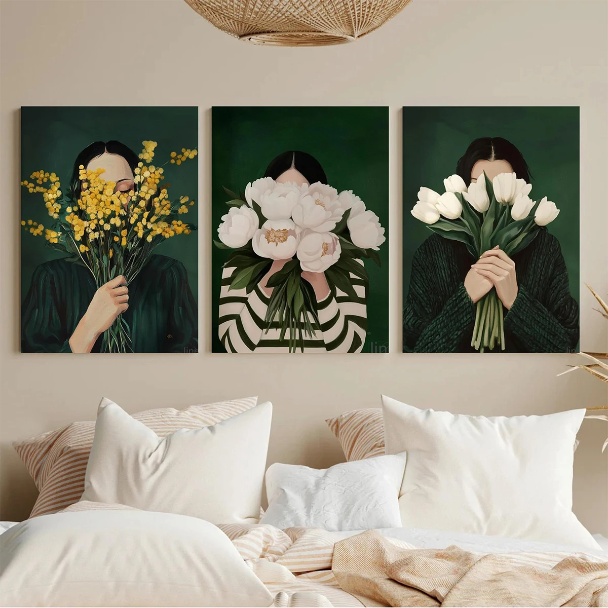 1/3pcs Emerald Green Floral Women Stripe Abstract Canvas Prints Poster Vintage Japandi Art Style Living Room Home Decor Poster