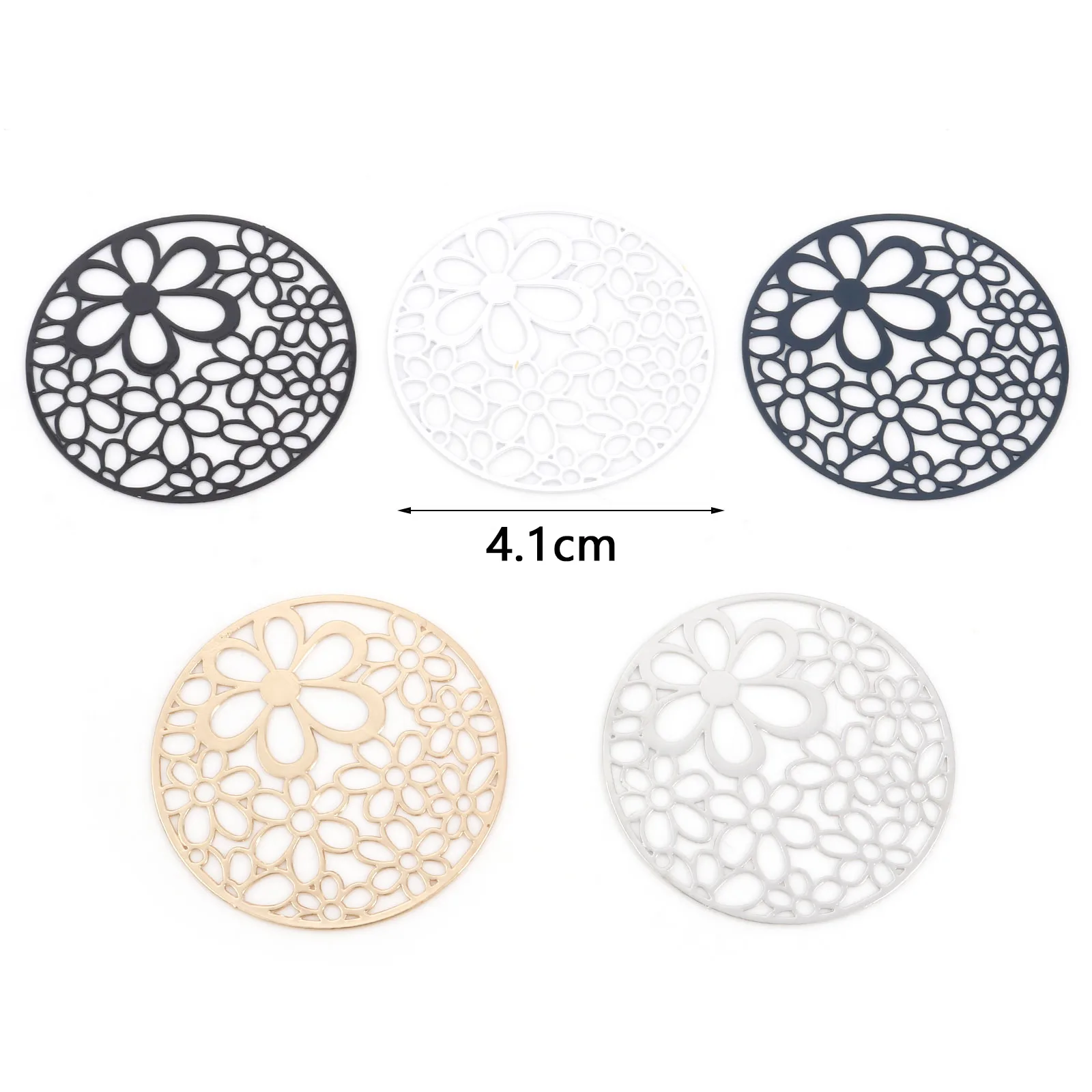 Iron Alloy Filigree Stamping Pendants Multicolor Round Sweet Flower Hollow 4.1cm Dia. Metal Charms DIY Earrings Jewelry,5PCs