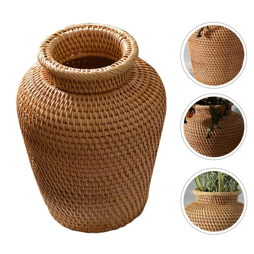 1pc Rattan Vase Woven Flowerpot Desktop Basket Dry Flower Container Natural Material Storage Solution House Decoration