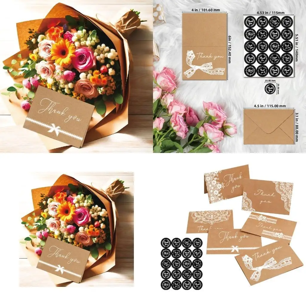 

E8BD Lace Embellished Paper Thank You Cards With Envelopes and Sticker For Wedding