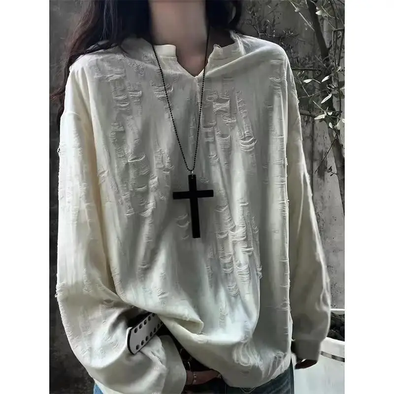 Lazy Style Loose Hole Solid Long Sleeve T Shirts Spring Autumn New V Neck Youth Lazy Style Tops Tees Trend Korean Women Clothing