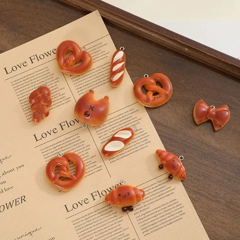 10Pcs/Lot Realistic Alkali Bread Stick Resin Pendant Charms Simulation Snack For DIY Keychain Hanging Ornaments