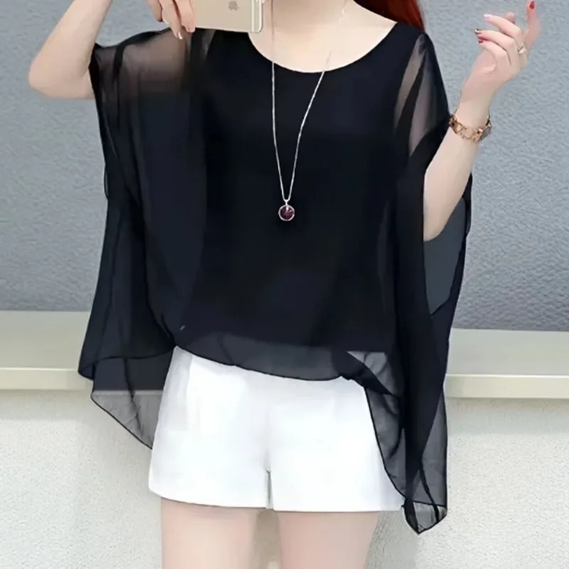 

Ladies Casual Loose Summer New Style T-Shirt Top Tee Simplicity Elegant Hollow Out Batwing Sleeve Black Pullover Sunscreen Tops
