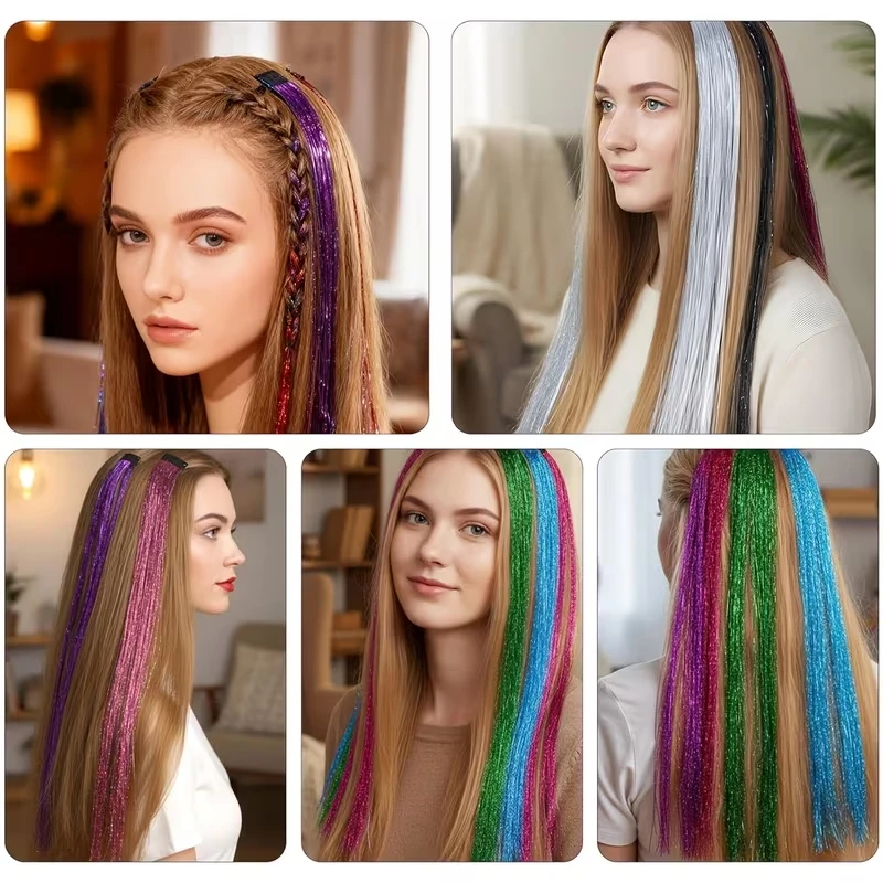 Extensión de cabello sintética con brillantina de 24 pulgadas, con clips BB, resistente al calor, hebras brillantes, para fiestas y cosplay 6