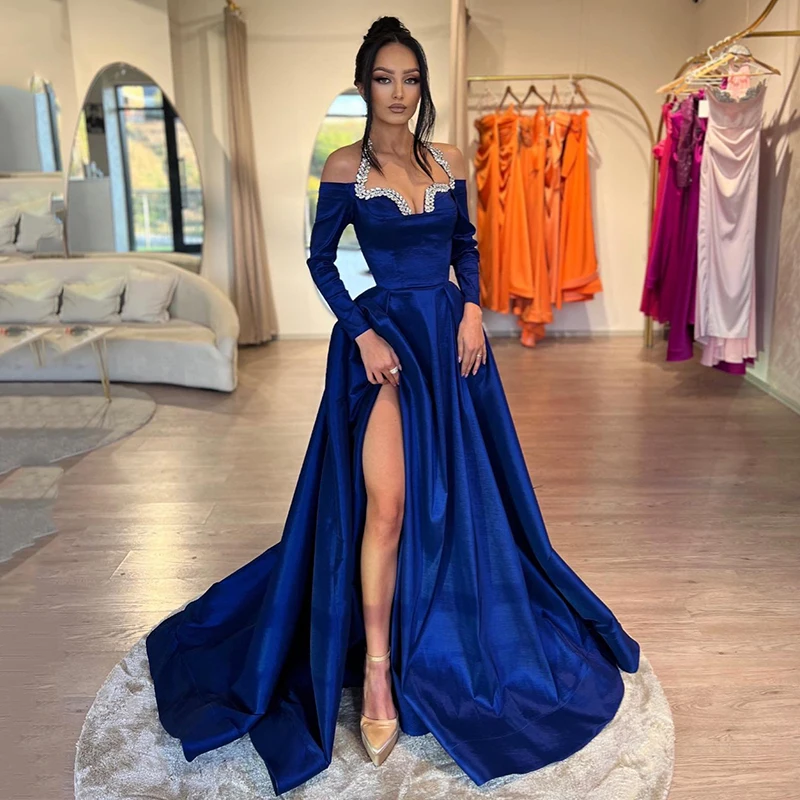 Thinyfull Women A-Line Prom Evening Dresses 2024 Long Sleeve Halter Neck Night Dress Formal Cocktail Party Prom Gowns Customized