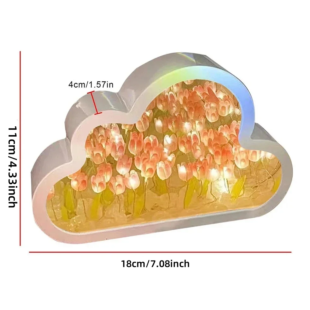 DIY Cloud Tulip LED Night Light Mirror Table Lamps Bedroom Ornaments Decoration Mirror Table Lamps Bedside Handmade Gift