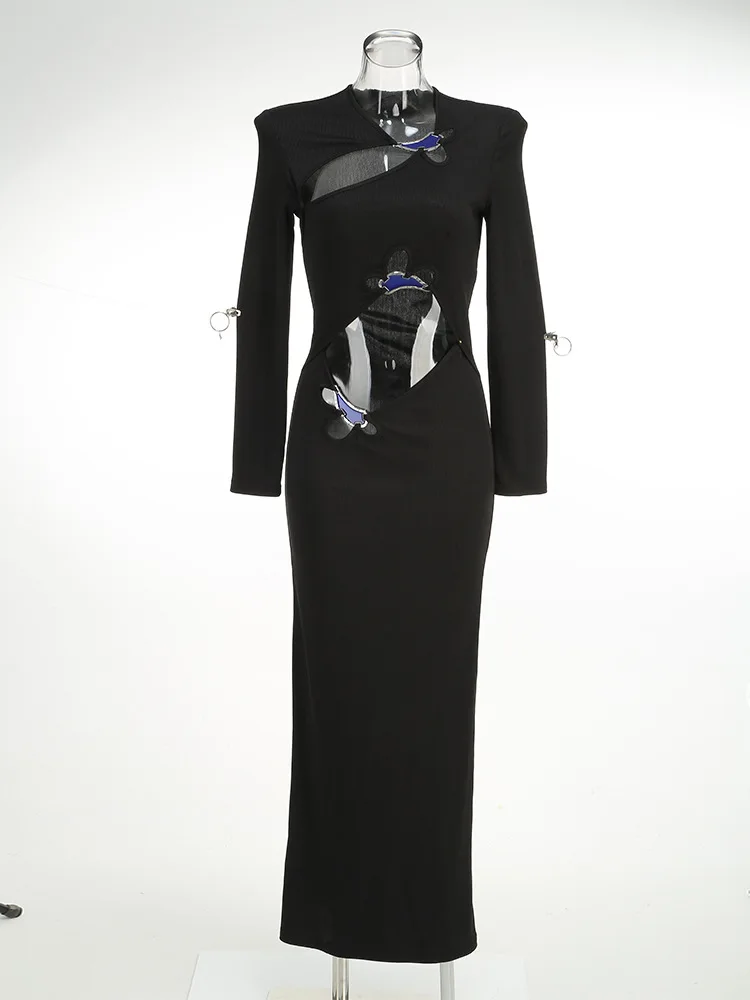 فاخر المرأة المشاهير مثير قطع الزهور كم طويل أسود فستان طويل زخرفة المعادن الجانب الشق مساء نادي فستان الحفلات