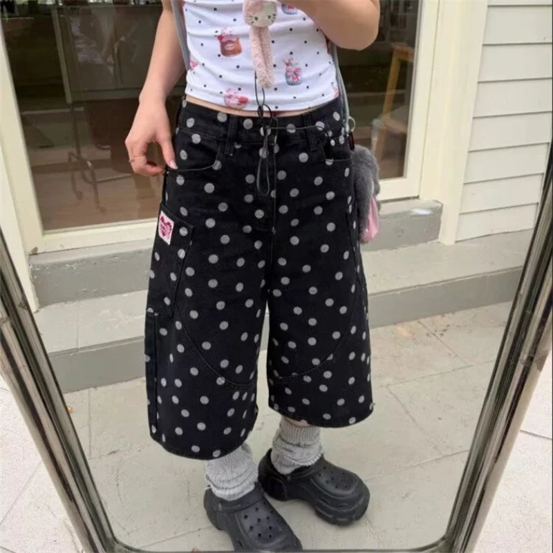 Summer Women's Retro Polka Dots Straight Shorts Young Girl Knee Length High Waist Pant 90s Trousers Female Minimalist Streetwear
