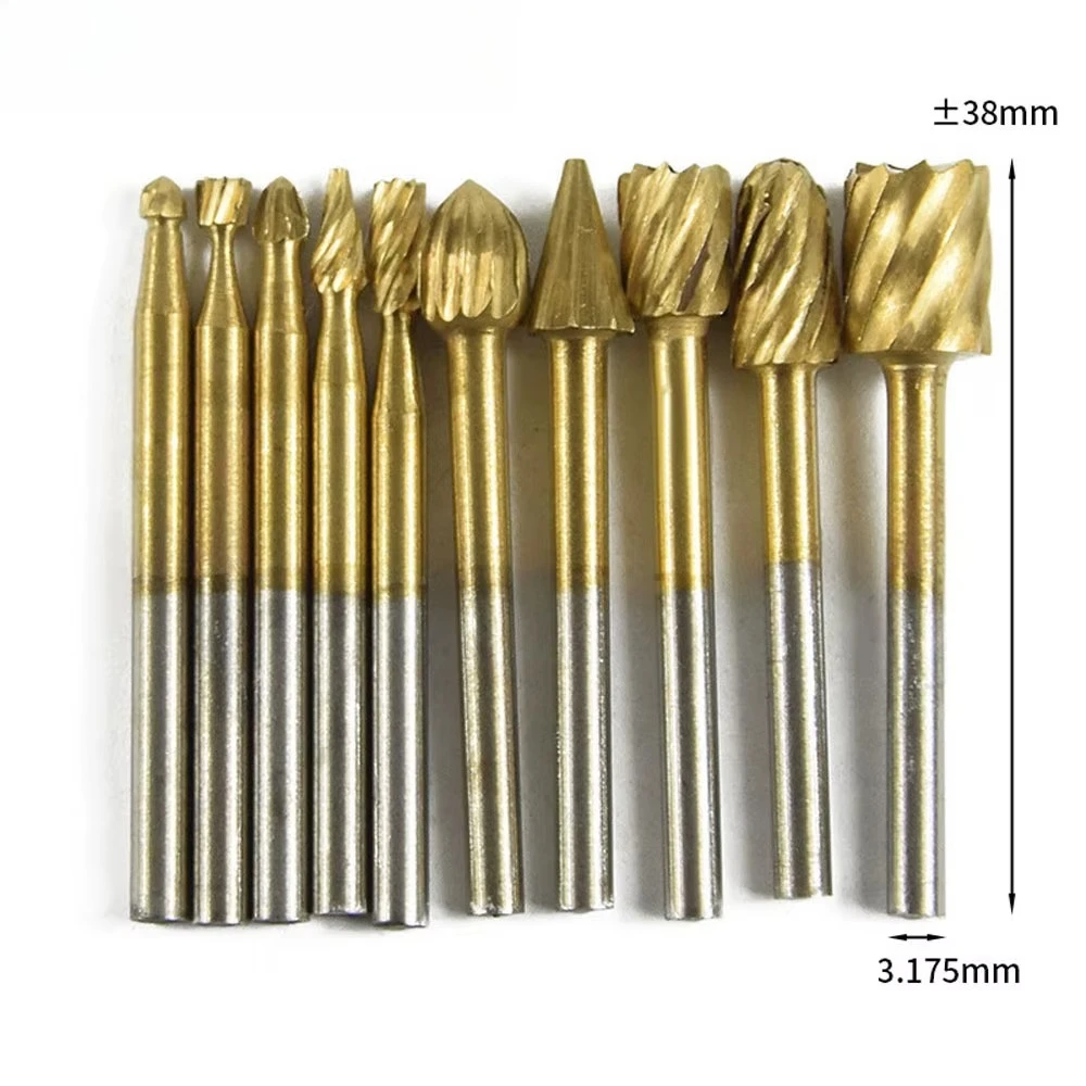 10pcs Titanium Dremel Routing Wood Rotary Milling Rotary File Cutter Alat Pemotong Ukiran Kayu Pisau Pemotong Kayu Bor Kayu