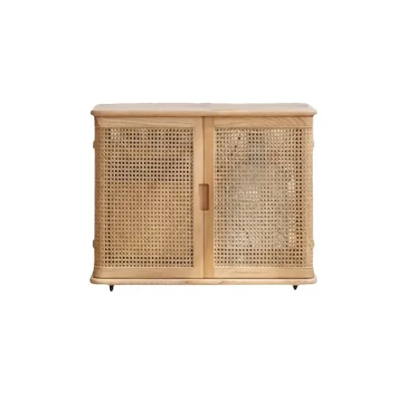 

Nordic simple Chinese retro style B & B hotel living room solid wood rattan creative mobile tea table tea cabinet