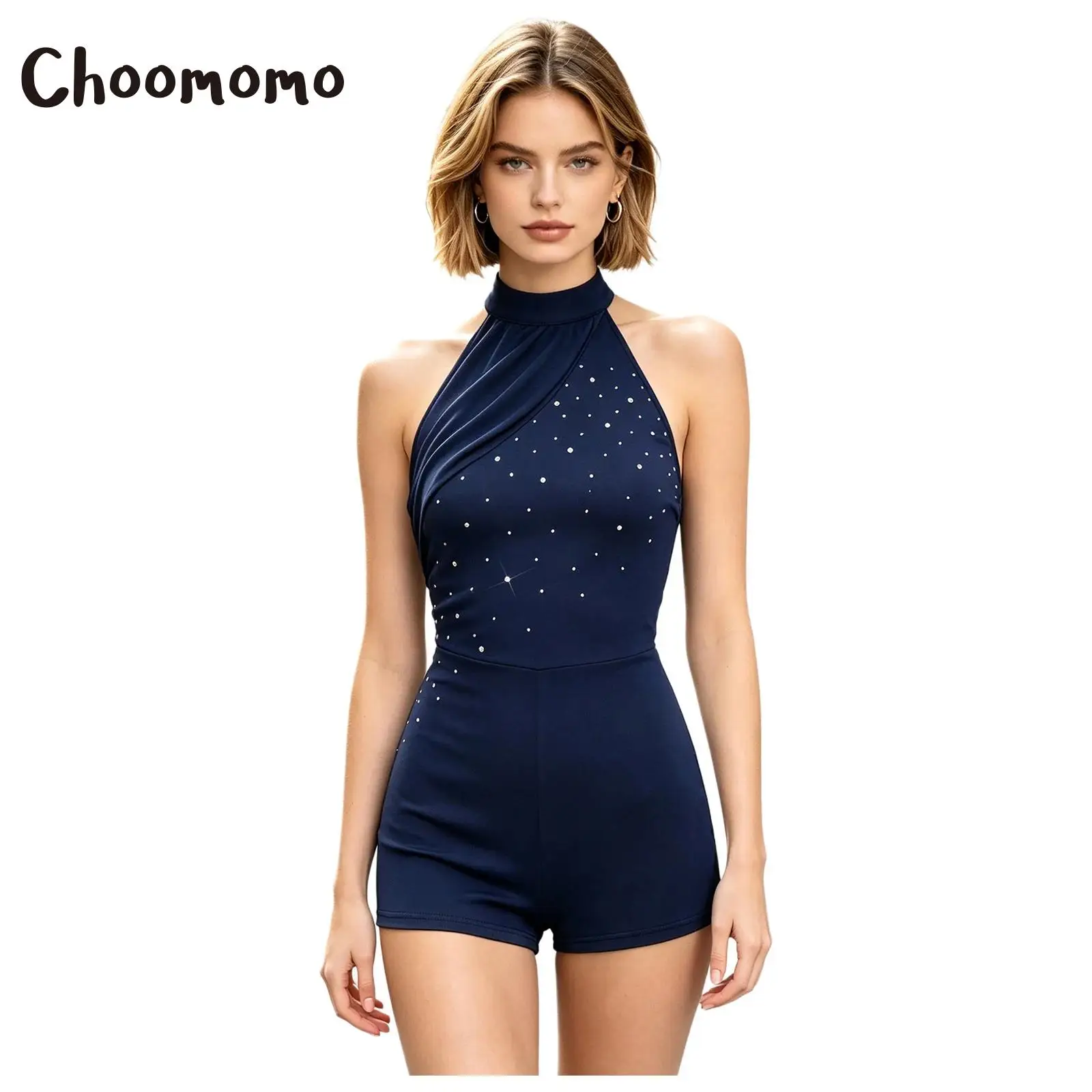 Fashion Women Rhinestone Short Jumpsuit Halter Backless Mesh Rhinestons Rompers Playsuits Casual Daily Birthday Vacation Beach