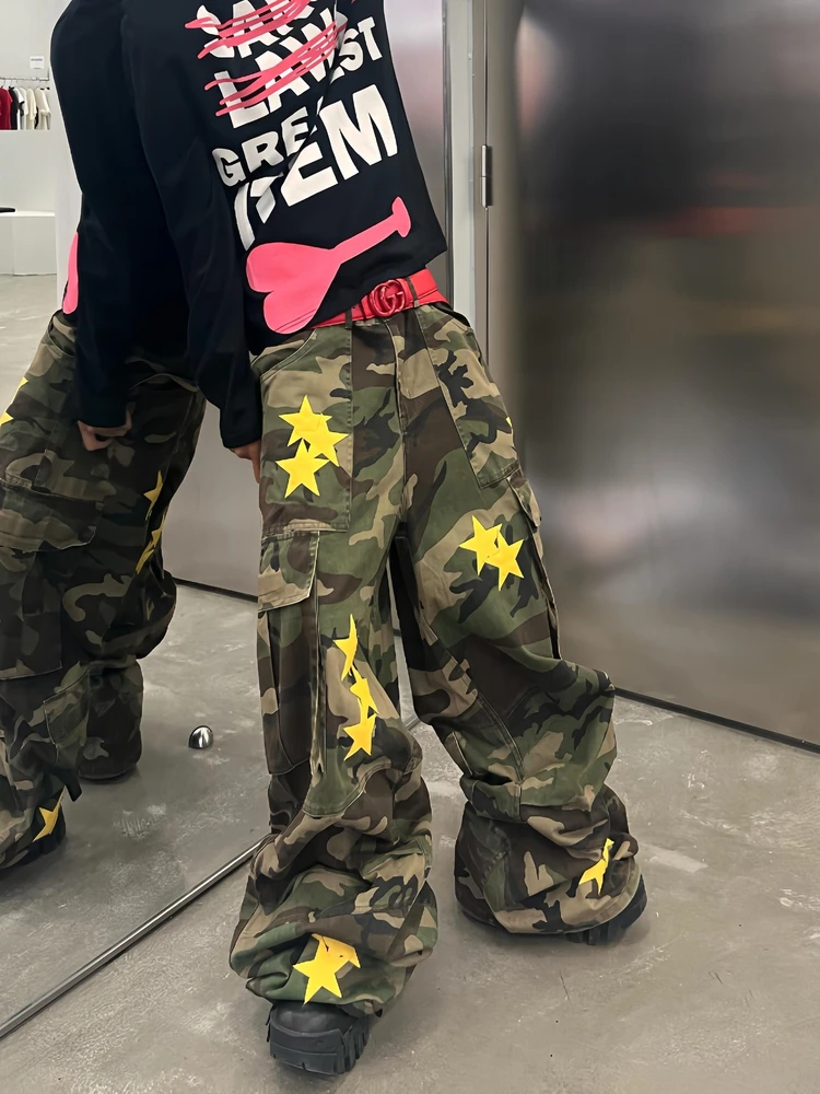 

Retro American Vibe Heavy Duty Camouflage Work Pants Men's Straight Loose Floor-Length Trousers Multi-Pocket Patchwork