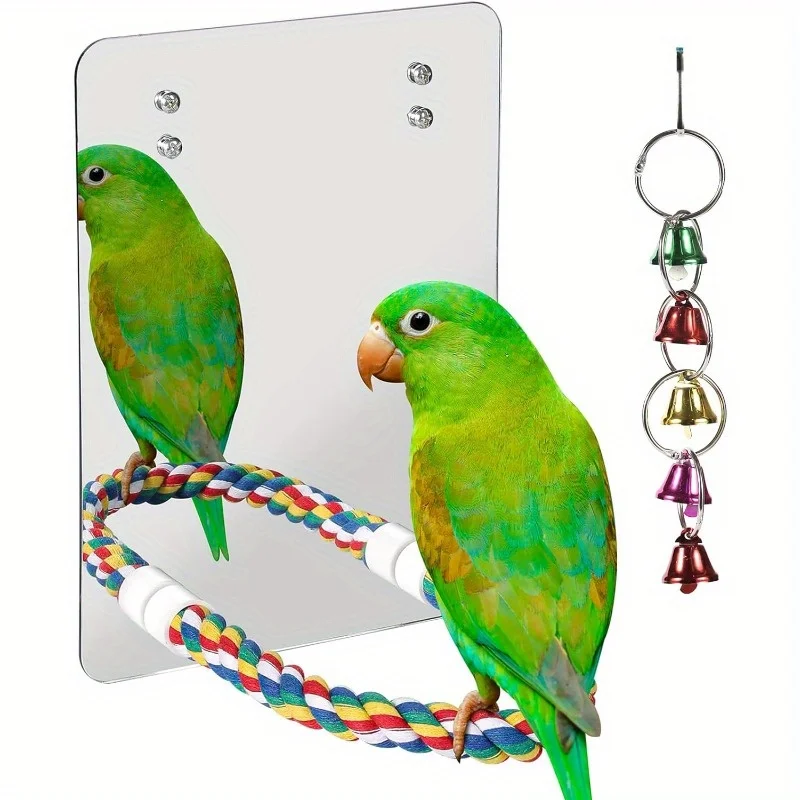 Bird Mirror with Rope Perch Bird Toys Swing, Comfy Perch for Greys Parakeet Cockatiel Conure Lovebirds Finch Canaries