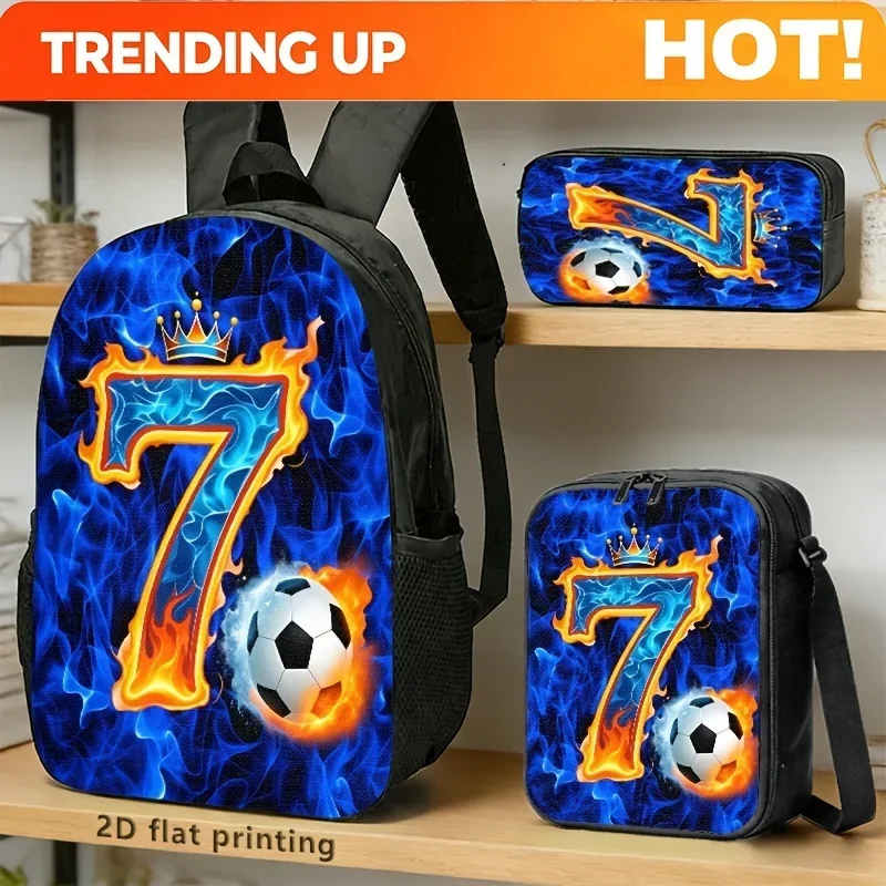 Custom Bag Flame-themed '7' With Soccer Ball Design On 1/2/3pcs Set (backpack, Crossbody, Pencil Case). Bold Blue Fire Aesthetic