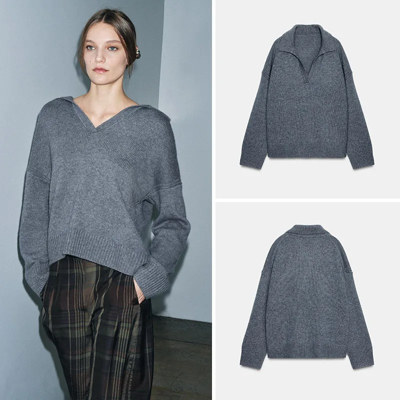 

New Autumn Women's Casual Loose Knitted irt Sle 50503 89 Faion French Sle Long Sve V-Ne Pullover Top