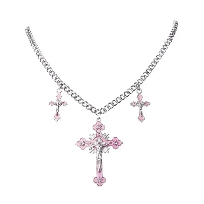 Y2K Style Charm Pink Cross Necklaces for Women Female Accessory Gothic Spicy Cool Girls Jewelry Couple Decoration Gift Wholesale