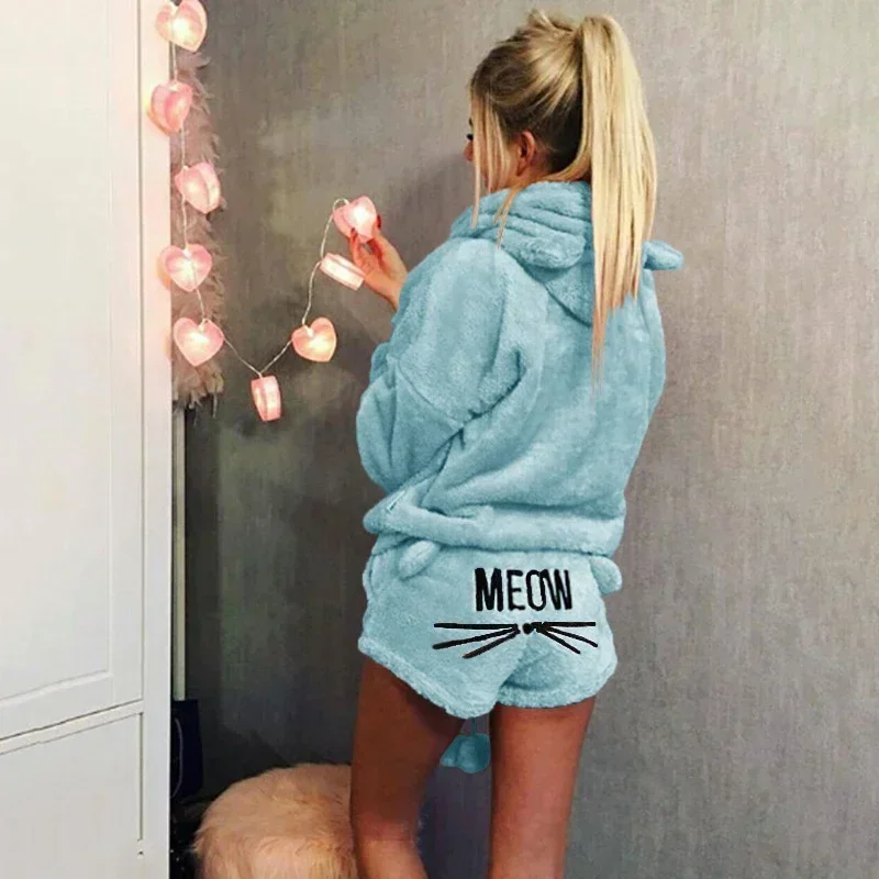 Women Coral Velvet Pajamas Set Autumn Winter Warm Pajamas Two Piece Set Sleepwear Cute Cat Meow Pattern Hoodies Shorts Set