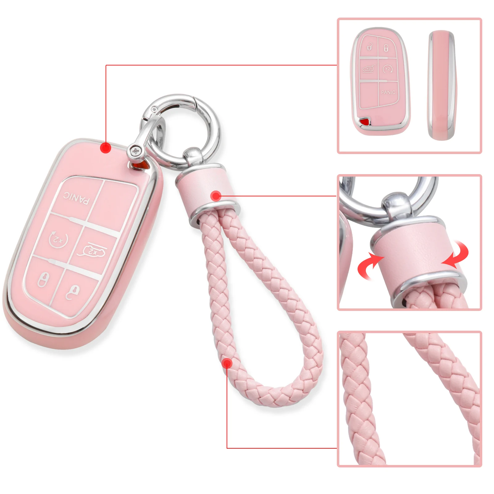 for Jeep Key Fob Cover with Keychain, Pink Soft TPU Key Case Protection Fit for Jeep Grand Cherokee Renegade Wrangler Patriot Gr