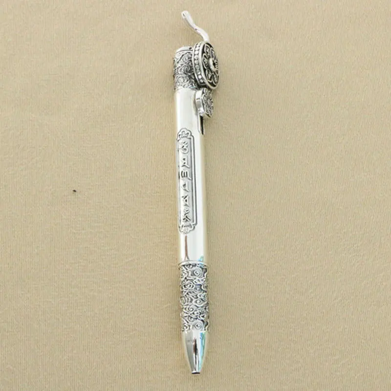 

Classic and Elegant Gift Men's Pure Silver Antique Tang Grass Pattern Ballpoint Pen Retro Individual Block Office Signature Pen