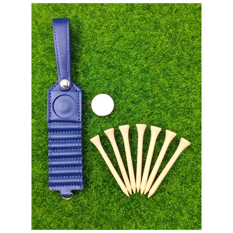 Pegangan kulit penyimpanan Tee Golf, Set isi 7, termasuk 7 Tee dan tag bola, bagian tas Golf warna biru